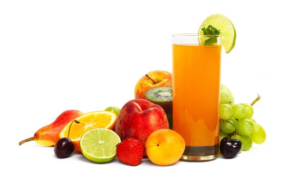 Multifruit juice with differnt fruits isolated on white background