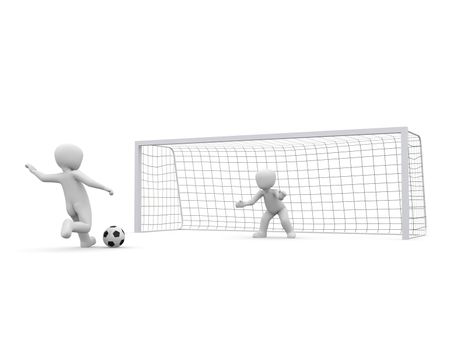 The Soccer player kicks the ball directly into the gate.