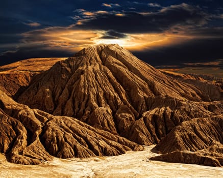 Fantastic desert mountain landscape with the night sky