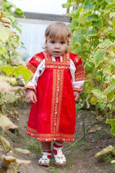 Little girl in Russian national dress collects cucumbers in a hothouse