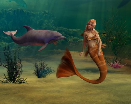 3D digital render of a cute mermaid and dolphin on blue fantasy ocean background