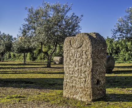 Merida, November2012. Tombstone in ancient Latin language. Archeological site Roman ruins. UNESCO World Heritage Site.