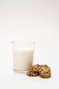 glass of milk and chocolate chip cookies on a white background