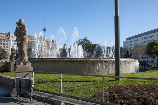 Plaza Fountain in Barcelona Spain