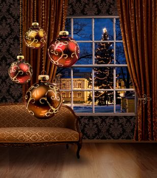 Christmas balls hanging in front of town view window, classic furniture interior