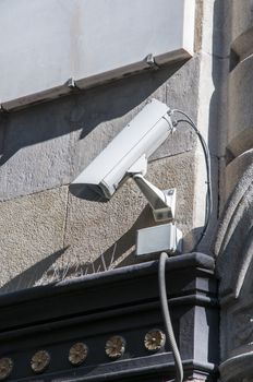 surveillance camera placed in front of the doors of the store