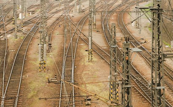 Background of intersecting railway lines  photographed near Prague railway station