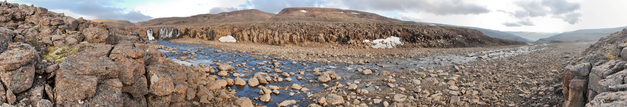 Panorama of the waterfall in the upper reaches of the river Bucharama on the Putorana plateau. Russia.