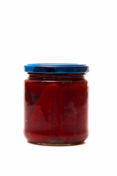 pot with canned peppers on a white background