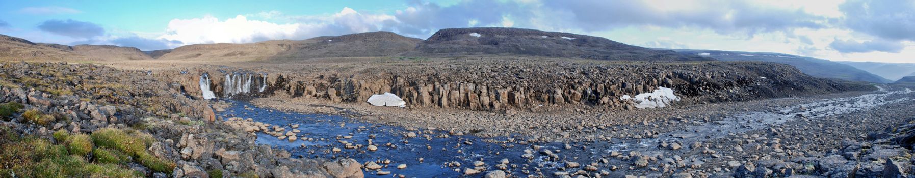 Panorama of the waterfall in the upper reaches of the river Bucharama on the Putorana plateau. Russia.