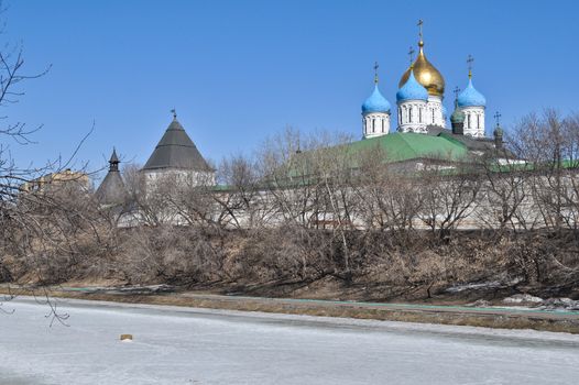 Novospassky monastery in Moscow. General view of the waterfront.