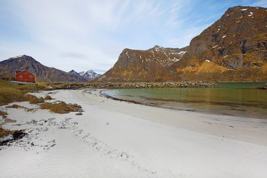 Snowcapped mountains and blue water, Norwegian fjord