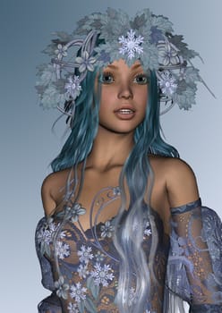 3D digital render of a cute winter girl on blue shining background