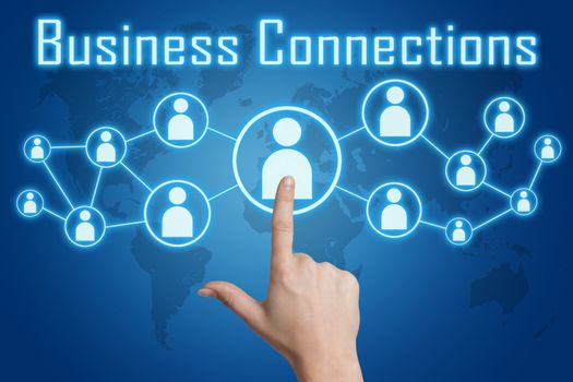 woman hand pressing business connections icon on blue background with world map