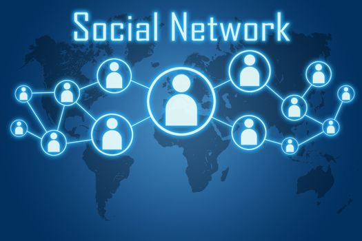 social network concept on blue background with world map