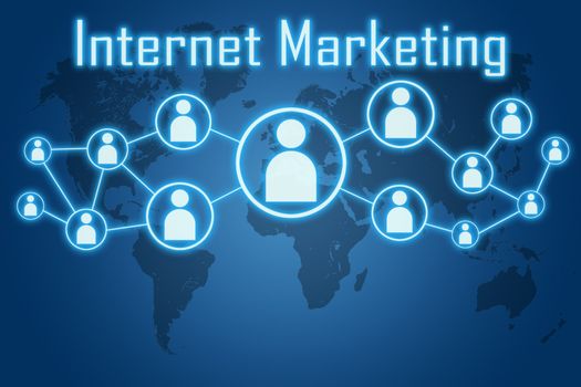 internet marketing concept on blue background with world map