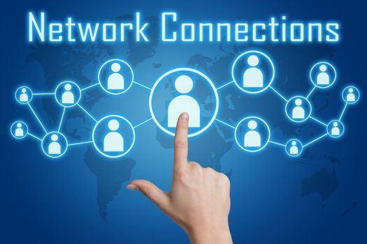 woman hand pressing network connections icon on blue background with world map