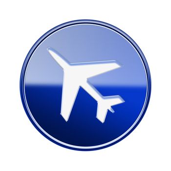 Airplane icon glossy blue, isolated on white background