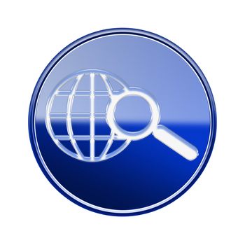 globe and magnifier icon glossy blue, isolated on white background