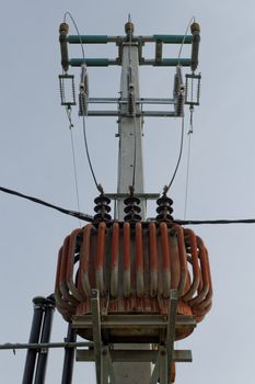 Transformer on high power station. High voltage