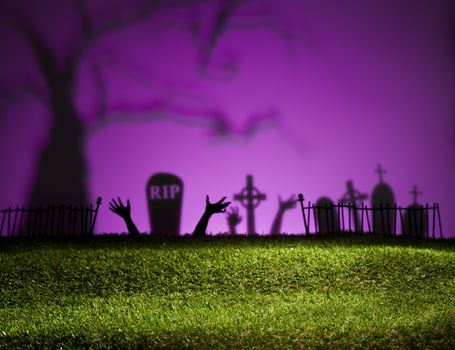 Halloween landscape with tree graveyard and green grass