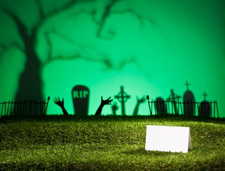 Halloween landscape with tree graveyard and name card