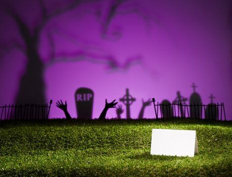 Halloween landscape with tree graveyard and name card