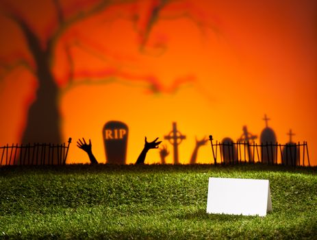 Halloween landscape with tree graveyard and name card