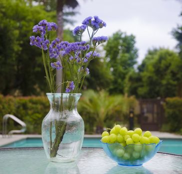 Vase with blue flowers and grapes stay on glass table by the pool