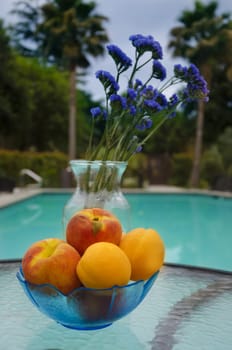 Vase with blue flowers and peaches with apricots stay on glass table by the pool