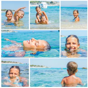 Collage of images sister and brother playing and swimming in the transparent sea