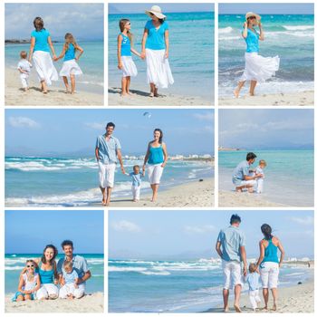 Collage of images family of four having fun on tropical beach