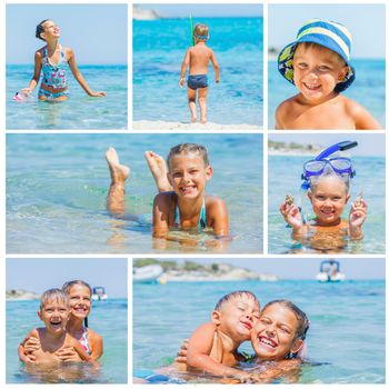 Collage of images sister and brother playing and swimming in the transparent sea