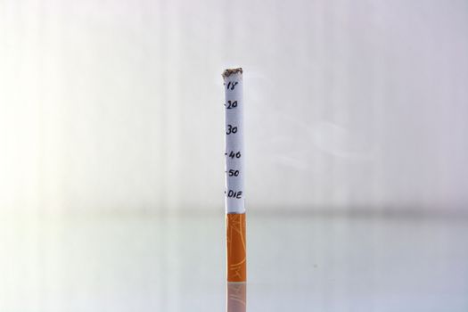 cigarette burning in front of white background