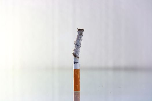 cigarette burning in front of white background