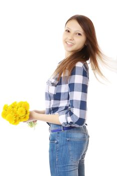 Girl dressed in jeans and a plaid shirt, holds a yellow wildflowers. Girl with bouquet of dandelions. One person, Caucasian appearance, brown hair, teenager, female, vertical image, isolated on white background.