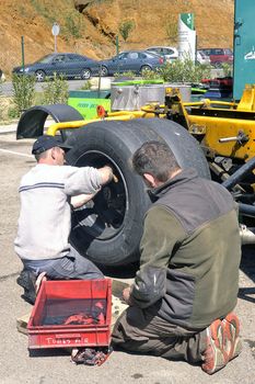 Ales - France - Grand Prix of France trucks May 25th and 26th, 2013 on the circuit of the Cevennes. workshops of mechanics for the assistance of the trucks. 