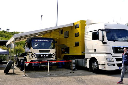 Ales - France - Grand Prix of France trucks May 25th and 26th, 2013 on the circuit of the Cevennes. workshops of mechanics for the assistance of the trucks. 