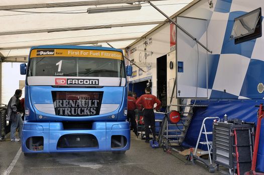 Ales - France - Grand Prix of France trucks May 25th and 26th, 2013 on the circuit of the Cevennes. workshops of mechanics for the assistance of the trucks. 