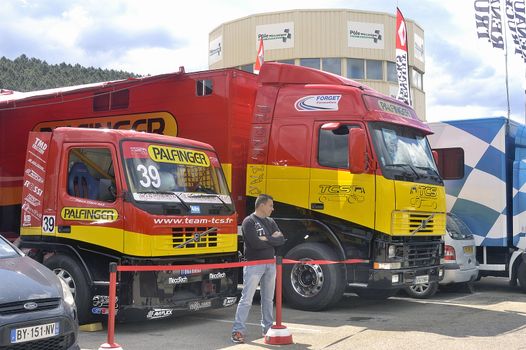 Ales - France - Grand Prix of France trucks May 25th and 26th, 2013 on the circuit of the Cevennes. trucks and stands of the competitors for the assistance and promotion. 