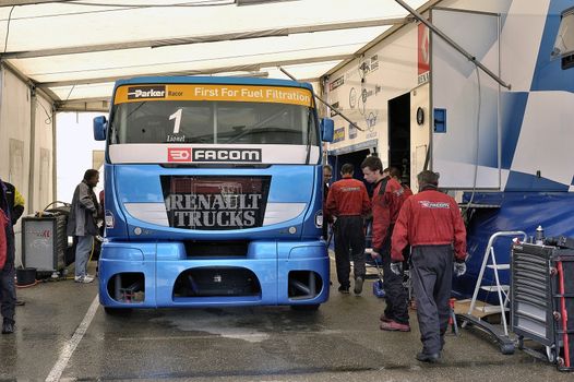 Ales - France - Grand Prix of France trucks May 25th and 26th, 2013 on the circuit of the Cevennes. workshops of mechanics for the assistance of the trucks. 