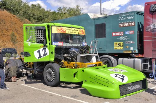 Ales - France - Grand Prix of France trucks May 25th and 26th, 2013 on the circuit of the Cevennes. workshops of mechanics for the assistance of the trucks. 