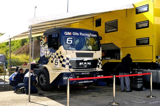 Ales - France - Grand Prix of France trucks May 25th and 26th, 2013 on the circuit of the Cevennes. workshops of mechanics for the assistance of the trucks. 