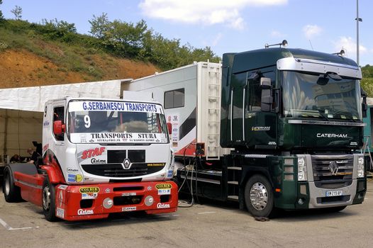 Ales - France - Grand Prix of France trucks May 25th and 26th, 2013 on the circuit of the Cevennes. workshops of mechanics for the assistance of the trucks. 