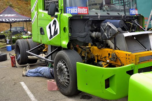 Ales - France - Grand Prix of France trucks May 25th and 26th, 2013 on the circuit of the Cevennes. workshops of mechanics for the assistance of the trucks. 