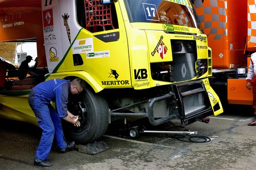 Ales - France - Grand Prix of France trucks May 25th and 26th, 2013 on the circuit of the Cevennes. workshops of mechanics for the assistance of the trucks. 