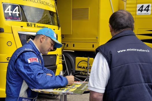 Ales - France - Grand Prix of France trucks May 25th and 26th, 2013 on the circuit of the Cevennes. trucks and stands of the competitors for the assistance and promotion. 