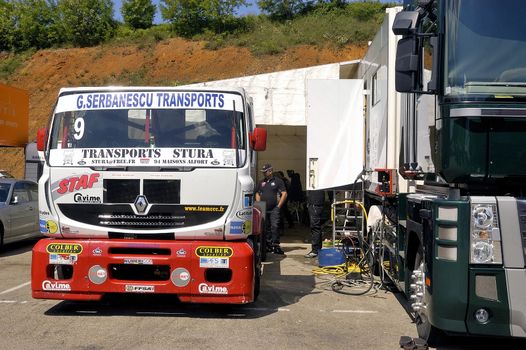 Ales - France - Grand Prix of France trucks May 25th and 26th, 2013 on the circuit of the Cevennes. workshops of mechanics for the assistance of the trucks. 