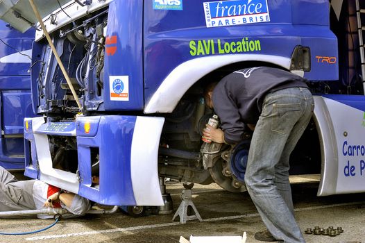 Ales - France - Grand Prix of France trucks May 25th and 26th, 2013 on the circuit of the Cevennes. workshops of mechanics for the assistance of the trucks. 