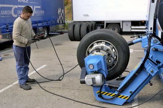 Ales - France - Grand Prix of France trucks May 25th and 26th, 2013 on the circuit of the Cevennes. workshops of mechanics for the assistance of the trucks. 